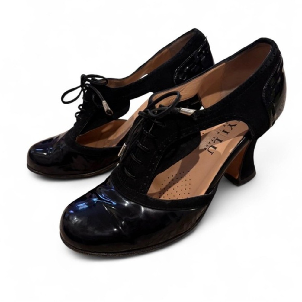 Anyi Lu Handmade Italy Black Patent Suede Lace-Up Oxford Block Heel Brogue Pump